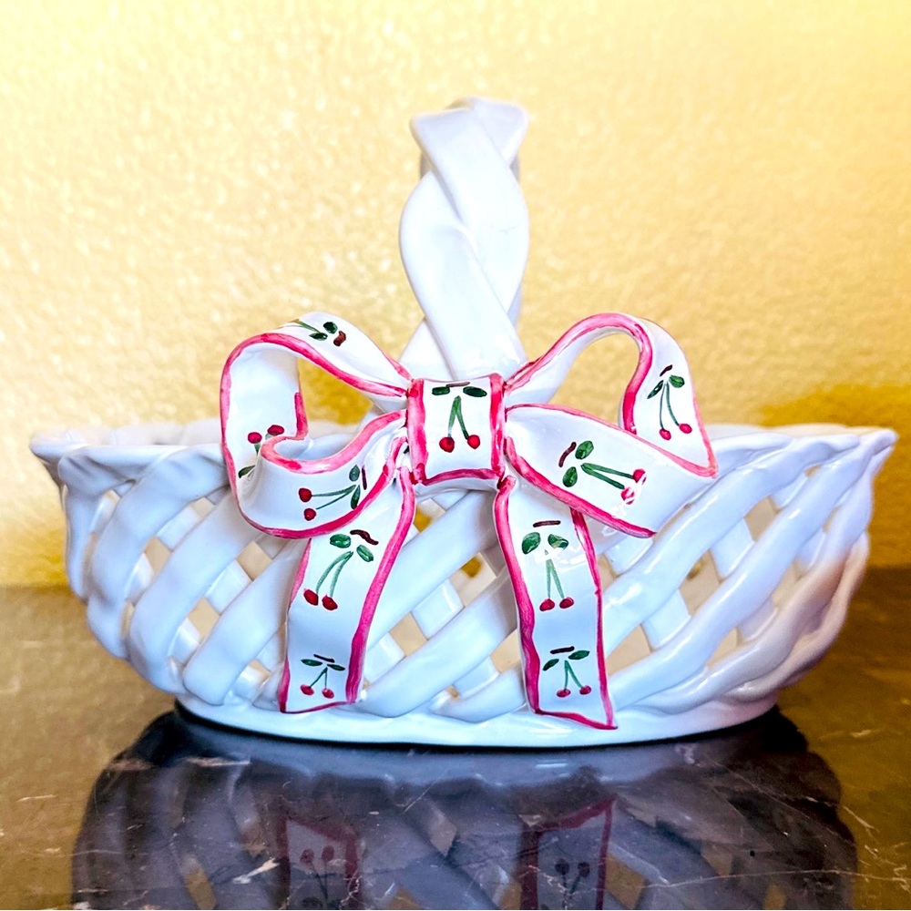 Vintage Berardos White Ceramic Lattice Basket Bowl Made In Portugal